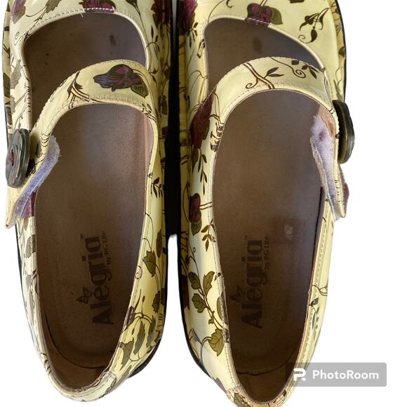 Alegria Clogs Mary Jane Strappy Floral Shoes Patent Leather Cream Green Women 41 - Picture 8 of 9